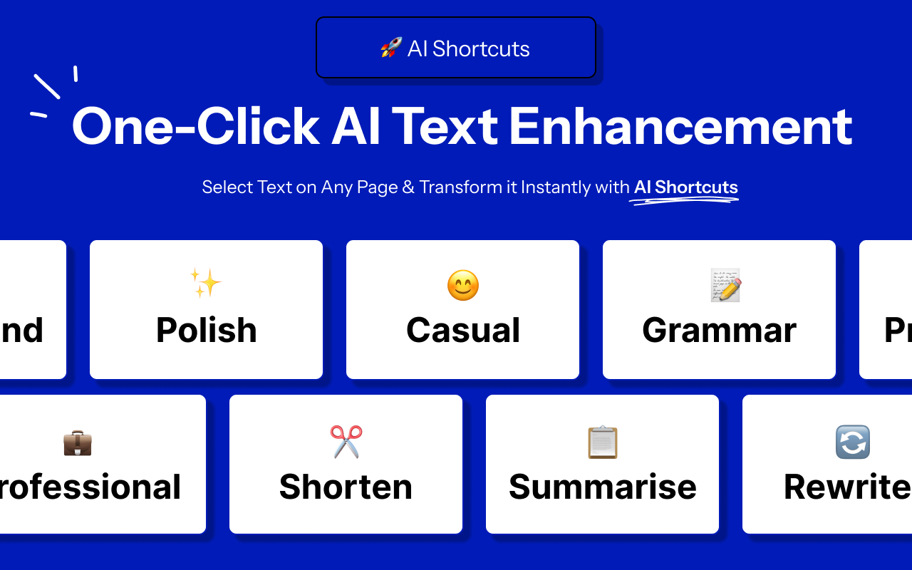 AI Shortcuts - Polish, Casual, Grammar, Shorten, Summarize, Rewrite